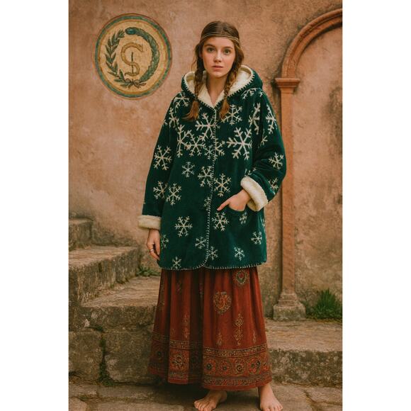 Nordic Lights Womens Reversible Fleece Coat Size L Green Crystals Snowflake NEW - Picture 1 of 12